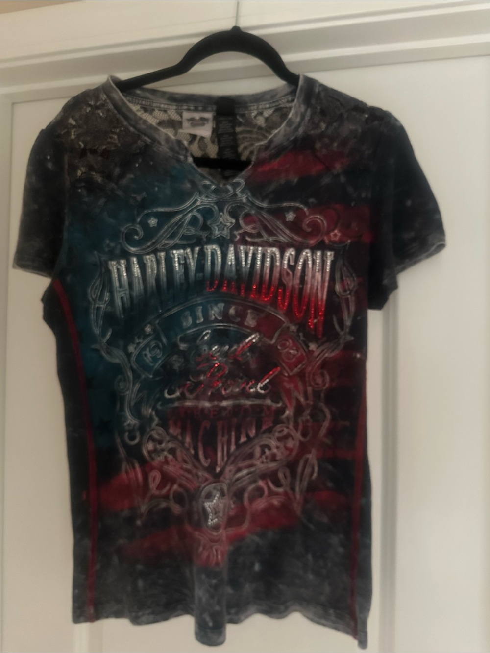Harley-Davidson Black Tee with Red & Blue Graphic V-Neck